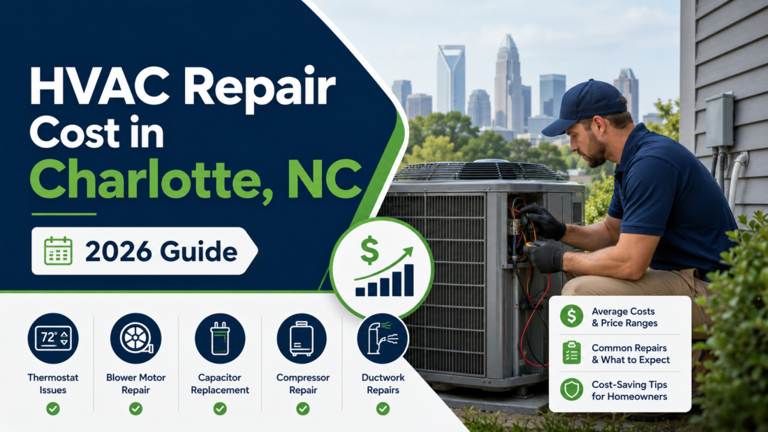 Learn typical HVAC repair costs in Charlotte, NC in 2026, including service calls, capacitors, blower motors, thermostats, circuit boards, duct repairs, and major components.