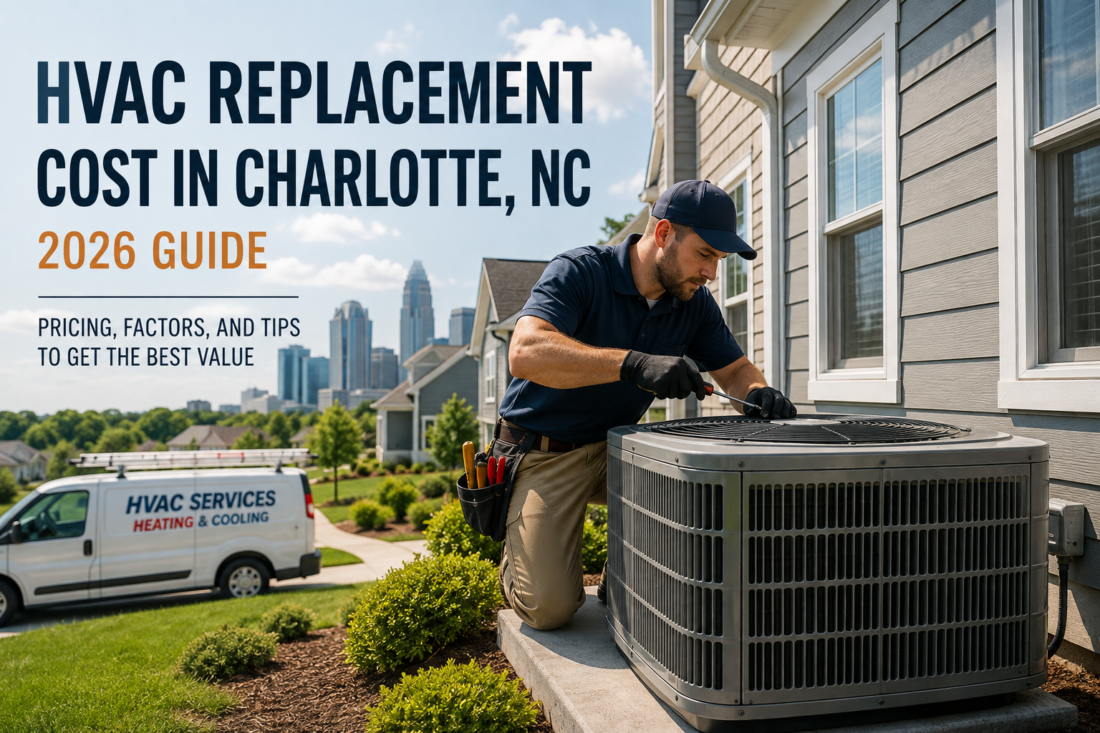 HVAC technician servicing an outdoor air conditioning unit in Charlotte, NC